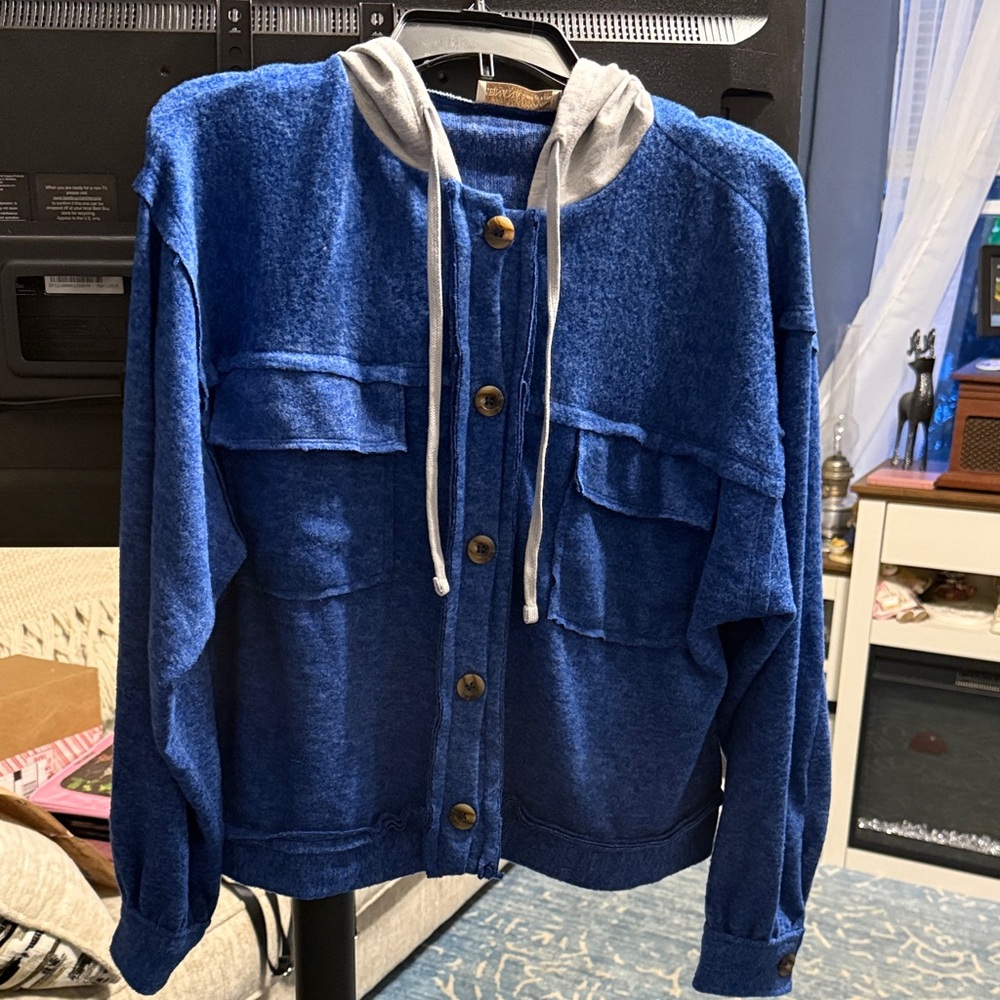 Zenana Outfitters Blue Button-Up Hoodie with Gray Hood